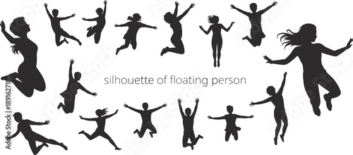 Diverse Silhouettes of People Jumping and Floating in the Air Keywords: people, silhouettes, jumping, floating, happy, joy