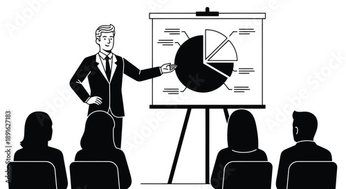 Professional businessman explaining financial data and market share analysis using a pie chart during corporate meeting with attentive colleagues