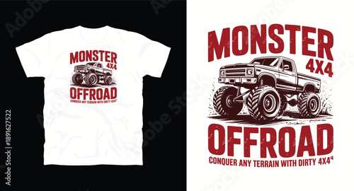 Monster offroad 4x4 conquer any terrain with dirty 4x4, vintage style vector illustration for t-shirt and poster
