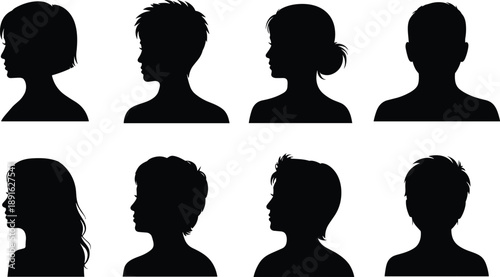 Eight black silhouette profiles of women and men with different hairstyles head shoulders