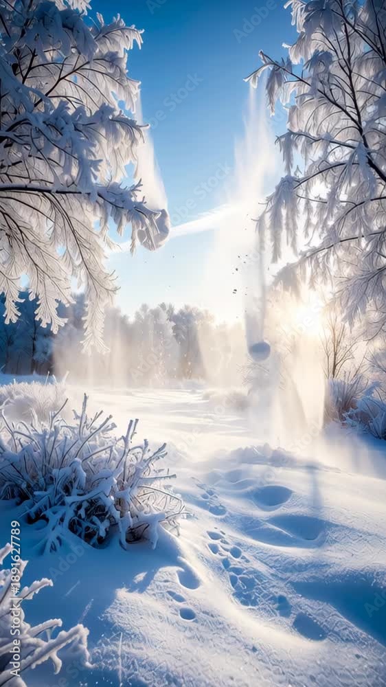 custom made wallpaper toronto digitalSunlit winter forest scene with snow falling from frosty trees onto snow-covered ground.