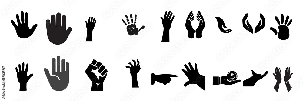 Fototapeta premium Diverse hand gestures and postures in black and grey silhouettes against a white background