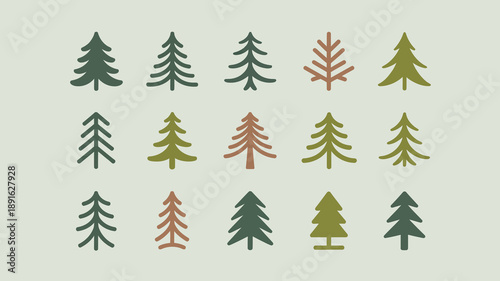 A minimalist composition features a repetitive pattern of stylized evergreen trees in varying shades of green and brown tones high quality professional detailed modern elegant stylish