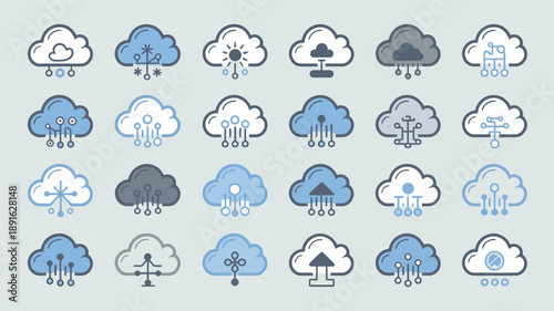 A collection of stylized weather icons depicting various conditions including sun clouds rain and snow arranged in a grid pattern high quality professional detailed modern elegant