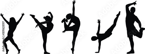 Five Black Silhouettes of Women in Graceful Dance Poses on White Background Keywords: silhouette, women, dance, ballet