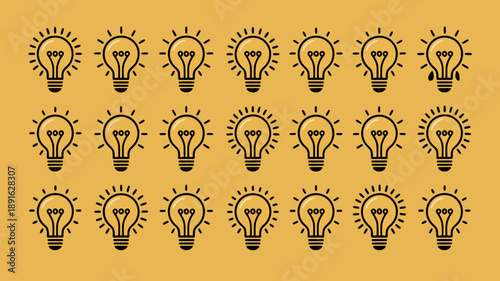 A grid of nine black lightbulbs with radiating lines set against a solid mustard yellow background representing ideas and innovation high quality professional detailed modern elegant