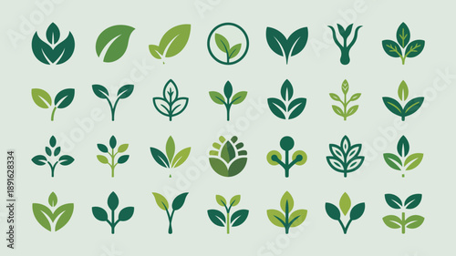A collection of nine stylized green leaf icons are displayed on a light green background showcasing various shapes and vein patterns high quality professional detailed modern