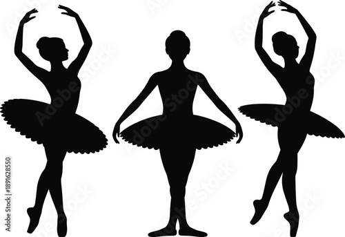 Three black silhouette ballet dancers in tutu skirts and pointe shoes on white background