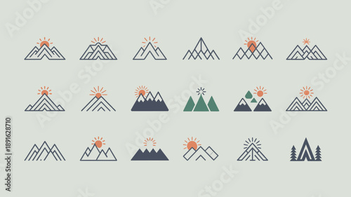 A minimalist design showcases a grid of mountain silhouettes paired with rising sun icons utilizing a muted color palette high quality professional detailed modern elegant stylish