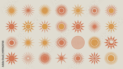 A grid of stylized sun illustrations in shades of orange and yellow against a neutral beige background creating a warm aesthetic high quality professional detailed modern