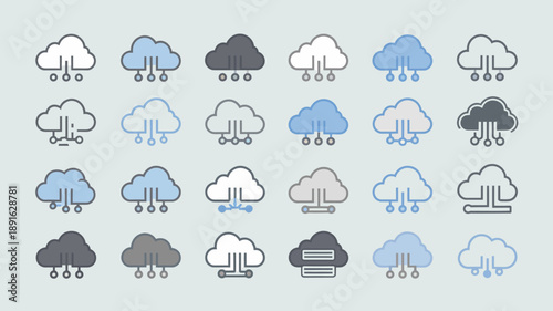 A collection of nine flat design weather icons depicting varying cloud formations and precipitation arranged in a three by three grid high quality professional detailed modern