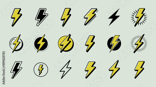 A collection of yellow and black lightning bolt graphics are displayed on a light green background offering various stylistic designs high quality professional detailed modern elegant