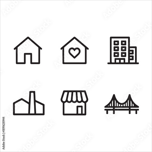 Building and real estate thin line icon set bundle. Vector graphics includes house, home, office, factory, store, bridge, Editable stroke outline icons.