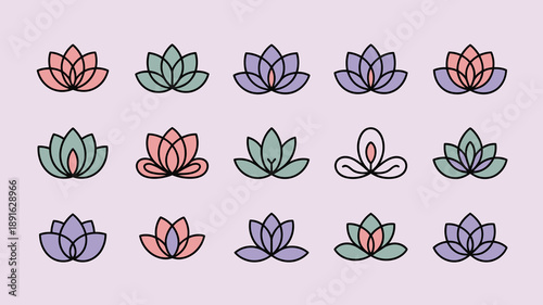 An array of stylized lotus flowers in pastel shades of pink green and purple are arranged on a light purple background high quality professional detailed modern
