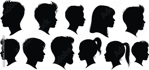Black silhouettes of children facing right kids head black, silhouette, children, kids, head, profile, side view, hair, white background, faces, people, boy, girl, youth, silhouettes, facing, right, c