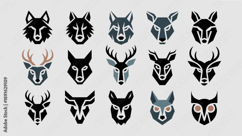 Fototapeta premium An arrangement of stylized animal head designs showcases wolves deer and a ram presented in monochromatic color schemes high quality professional detailed modern elegant stylish clean