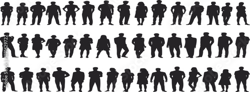 Rows of Black Silhouettes of Men and Women in Casual and Formal Attire Keywords: silhouette, people, men, women, casual, formal