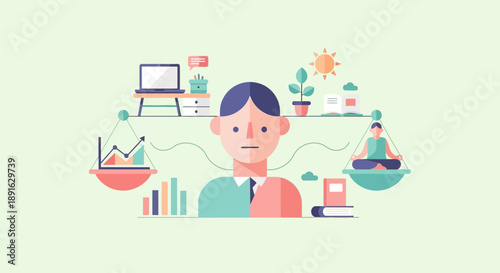 Conceptual illustration of work-life balance with business and relaxation elements.