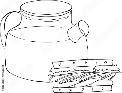 Summer Lunch Lemonade Jug, Sandwich and Burger Vector Illustration composition hand drawn illustration. Vector graphic line ink Black and white art. For logo, web, package, sticker.