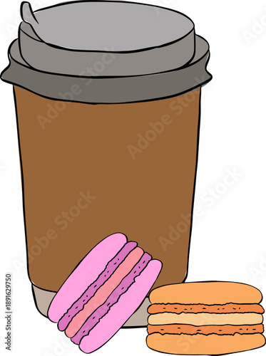 cup of coffee takeaway with macaron Cafe composition hand drawn illustration. Vector graphic line ink colored art. background for banners, print for fabric, labels, t-shirt printing.