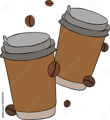 Flying Coffee paper cups with coffee and beans aCafe composition hand drawn illustration. Vector graphic line ink colored art. Espresso, americano cup, cappuccino and latte in paper mug.