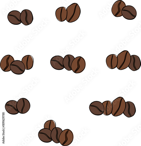 Coffee beans icon set. Cafe composition hand drawn illustration. Vector graphic line ink colored art. Silhouette sign for logo, print, comics, fashion, pop art, boards, design, stickers, decoration
