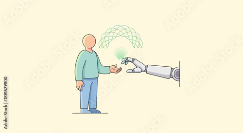 Human and robot exchanging digital data through a virtual network connection.