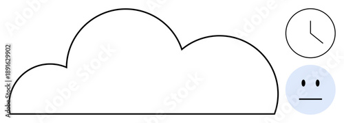 Cloud storage, time management, digital organization, data accessibility, technology, working remotely. Minimalist cloud with clock and neutral face icon. Cloud storage and time management