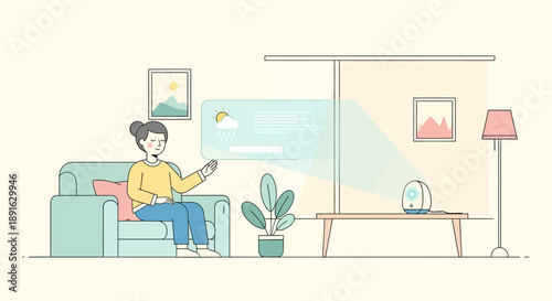 Young man relaxing on sofa controlling smart home devices with voice commands.