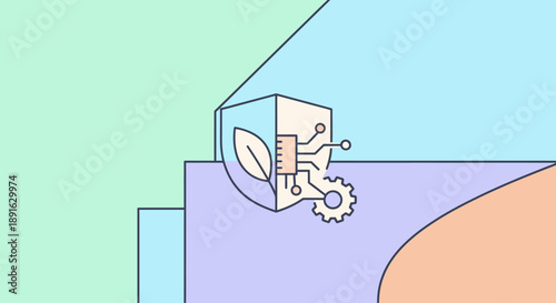 Abstract illustration of a robotic hand holding a gear with a leaf symbolizing technology and nature integration.