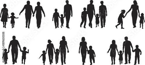 Silhouette families walking together holding hands on white background family silhouettes