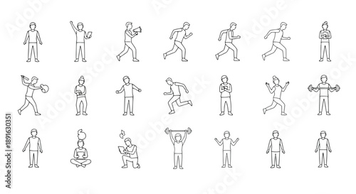 Collection of minimalist human silhouette icons showing diverse activities and movements in clean line drawing style