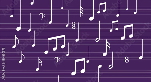 A vibrant purple background with a scattered pattern of white musical notes and symbols, creating a dynamic and rhythmic visual.