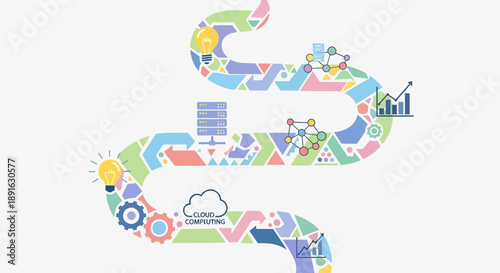 Colorful business process flowchart with various icons representing teamwork and growth.
