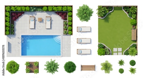 Top view of backyard garden landscape design with pool grass and plants as plan