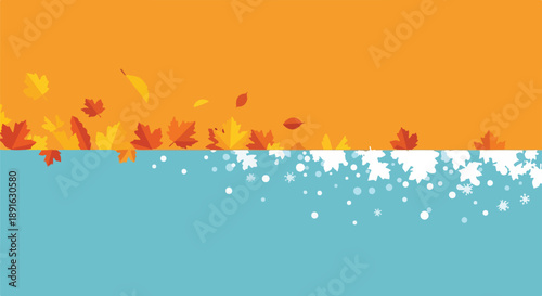 Colorful autumn leaves and white winter snowflakes creating a seasonal transition graphic banner on orange and blue backgrounds