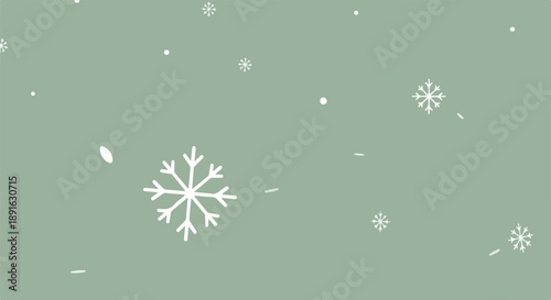 Beautiful white snowflakes falling gently against a serene muted green background, perfect for winter holiday designs, Christmas cards, and seasonal promotions.