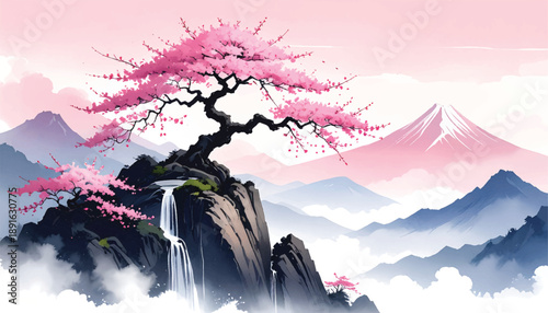 Twin waterfall sakura cliff vector for cinematic branding. Cherry blossom cascade illustration suited premium design. Epic spring mountain artwork ideal visual storytelling