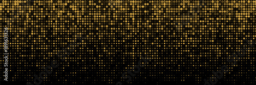 Abstract luxury banner with golden glittering dots on black background. Sparkling glitter bottom border, vector frame. Halftone effect. Magical gold dust. Pop art style backdrop.