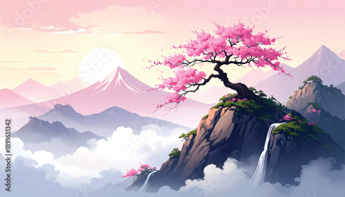 Warm sakura mountain rock vector for lifestyle branding. Cherry blossom summit illustration suited travel campaigns. Soft spring peak artwork ideal luxury visuals