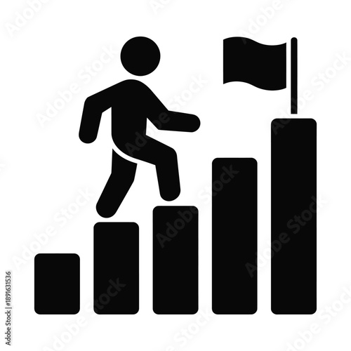 Business growth concept, career ladder climb, success symbol, person moving up steps towards goal flag