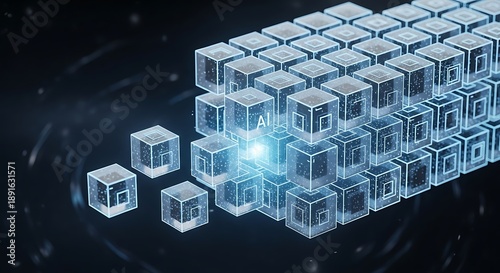 Digital cubes forming a grid structure with a glowing central cube on a dark background