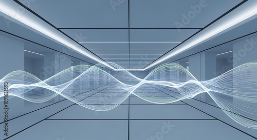 Futuristic corridor with intersecting light beams and wavy lines, a modern architectural illustration, viewed from the center.
