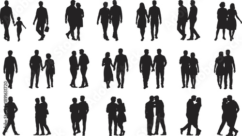 Silhouettes of couples and individuals walking and holding hands on a white background people woman