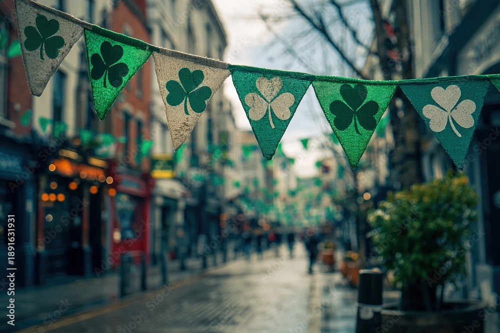 Obraz premium The city is decorated with flags and ribbons bearing the image of a shamrock for the St. Patrick's Day parade