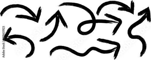 A collection of abstract black brushstroke arrows and curved lines create a dynamic chaotic and expressive visual composition high-quality professional detailed modern