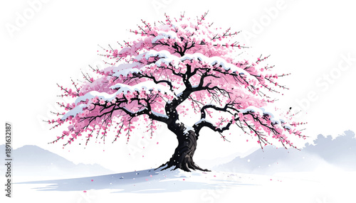 Grand sakura tree vector for luxury branding. Majestic cherry blossom illustration suited premium visuals. Elegant spring landscape artwork ideal lifestyle promotion
