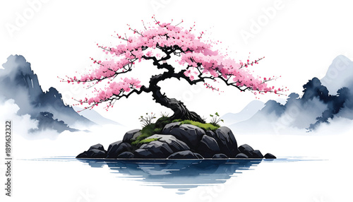 Sakura mountain island vector for travel advertising. Cherry blossom misty landscape illustration for tourism media. Peaceful spring tree artwork suited destination branding