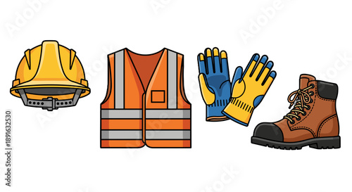 A set of construction safety equipment on transparent background