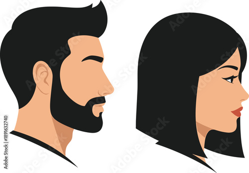 Side profiles of a man and woman in a cartoon style man, woman, side profile, cartoon style, black hair, beard, red lips, white background, facial headshots, flat simple people, human faces, side, pro